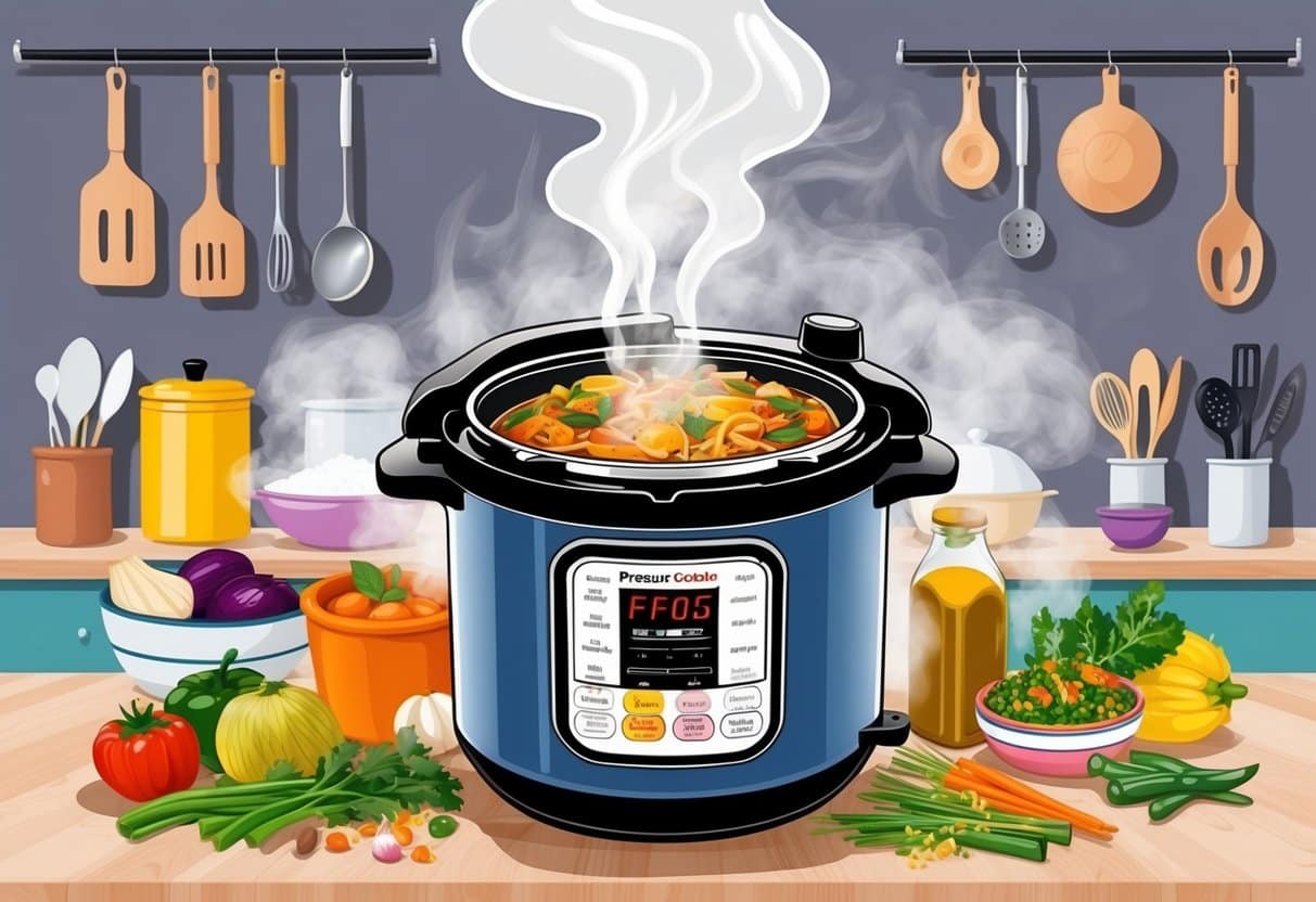 A pressure cooker surrounded by various ingredients and kitchen utensils, steam rising from the pot as it cooks a healthy and delicious meal
