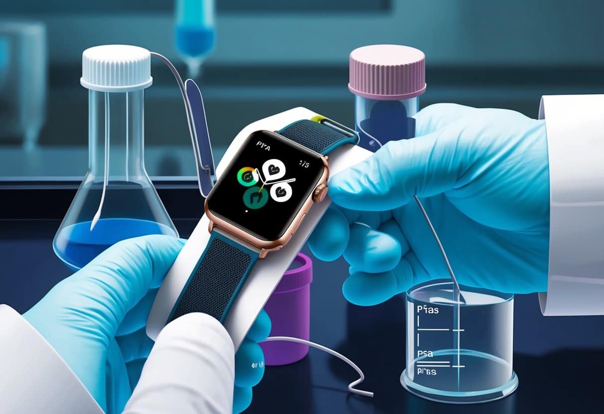 A smartwatch with interchangeable bands is being tested in a laboratory setting for PFAS chemicals