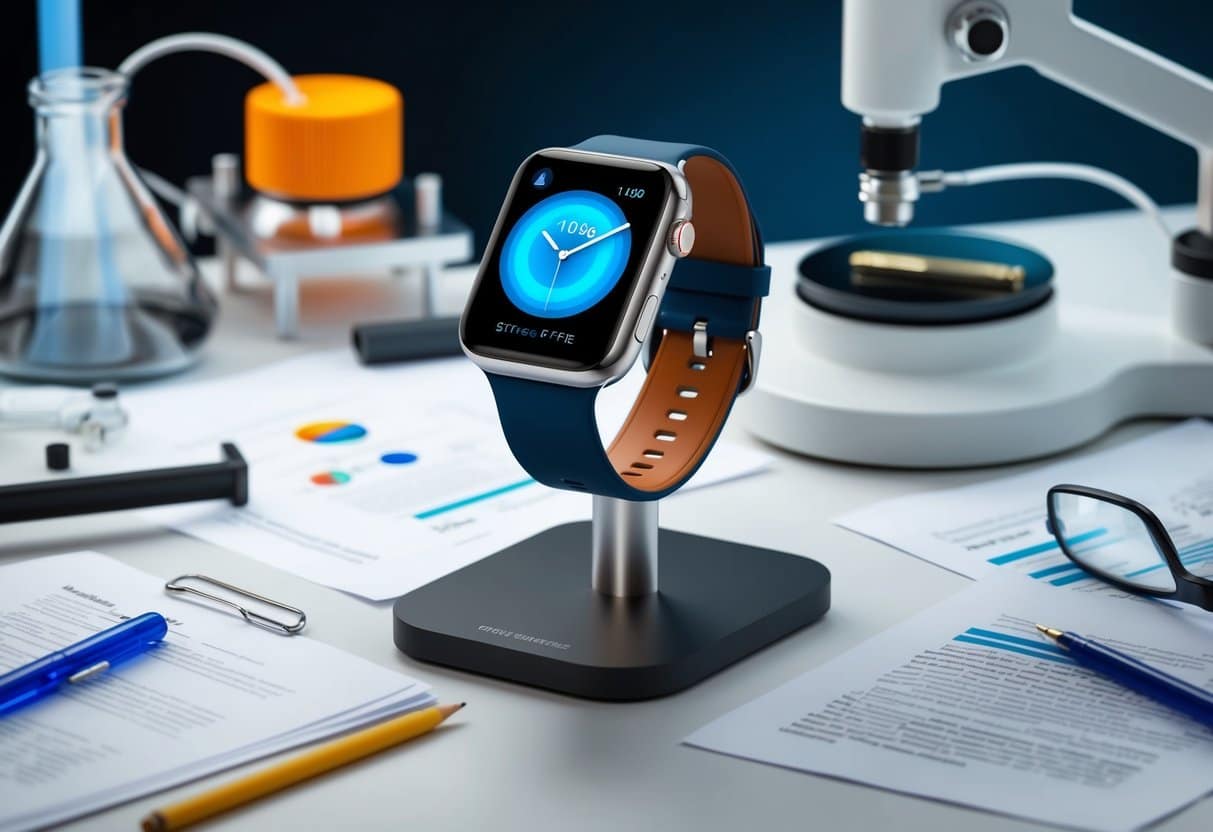 A smartwatch with PFAS-free bands on a sleek display stand, surrounded by scientific equipment and research papers