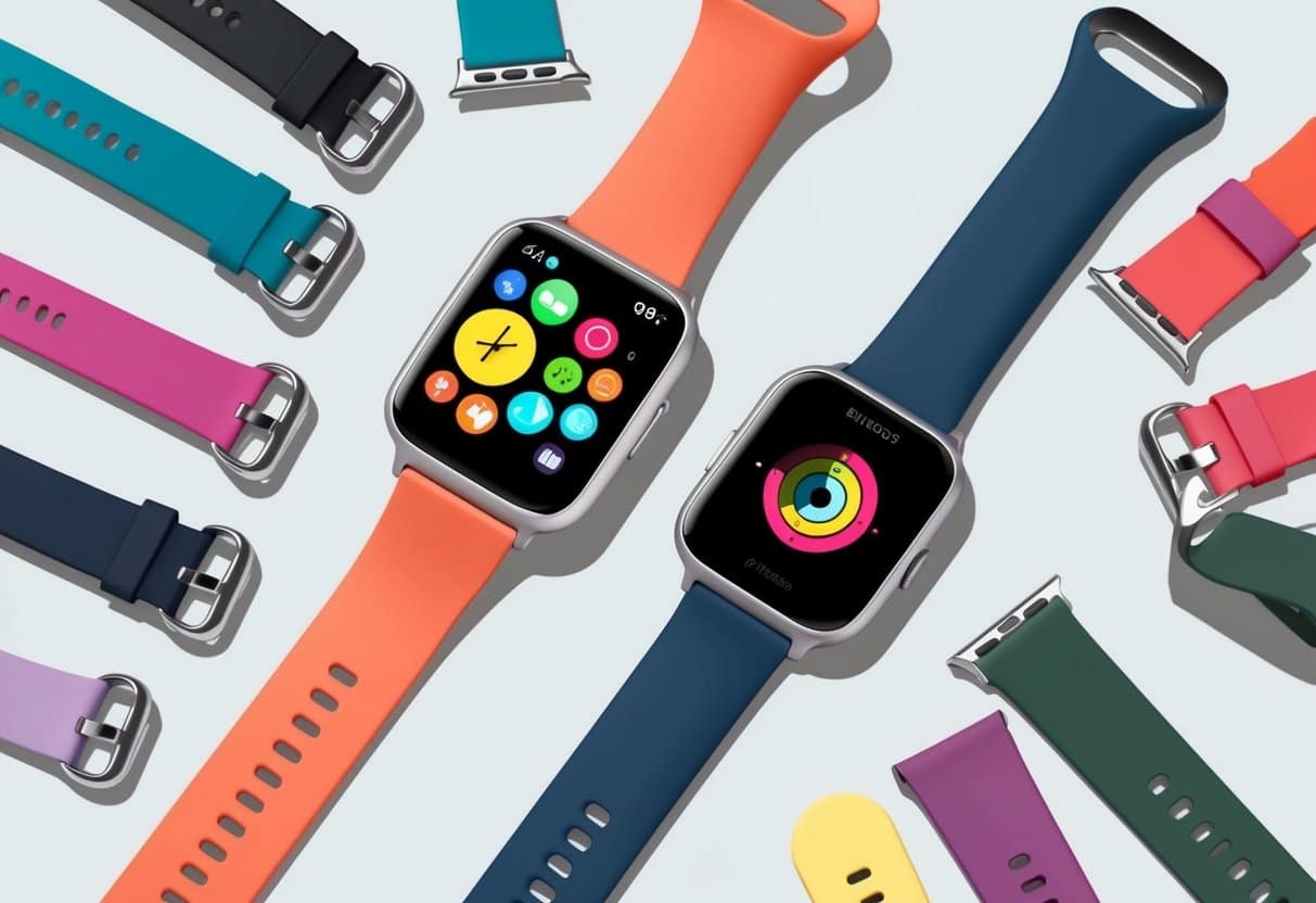 A smartwatch and fitness tracker are placed next to each other, with colorful bands spread out around them