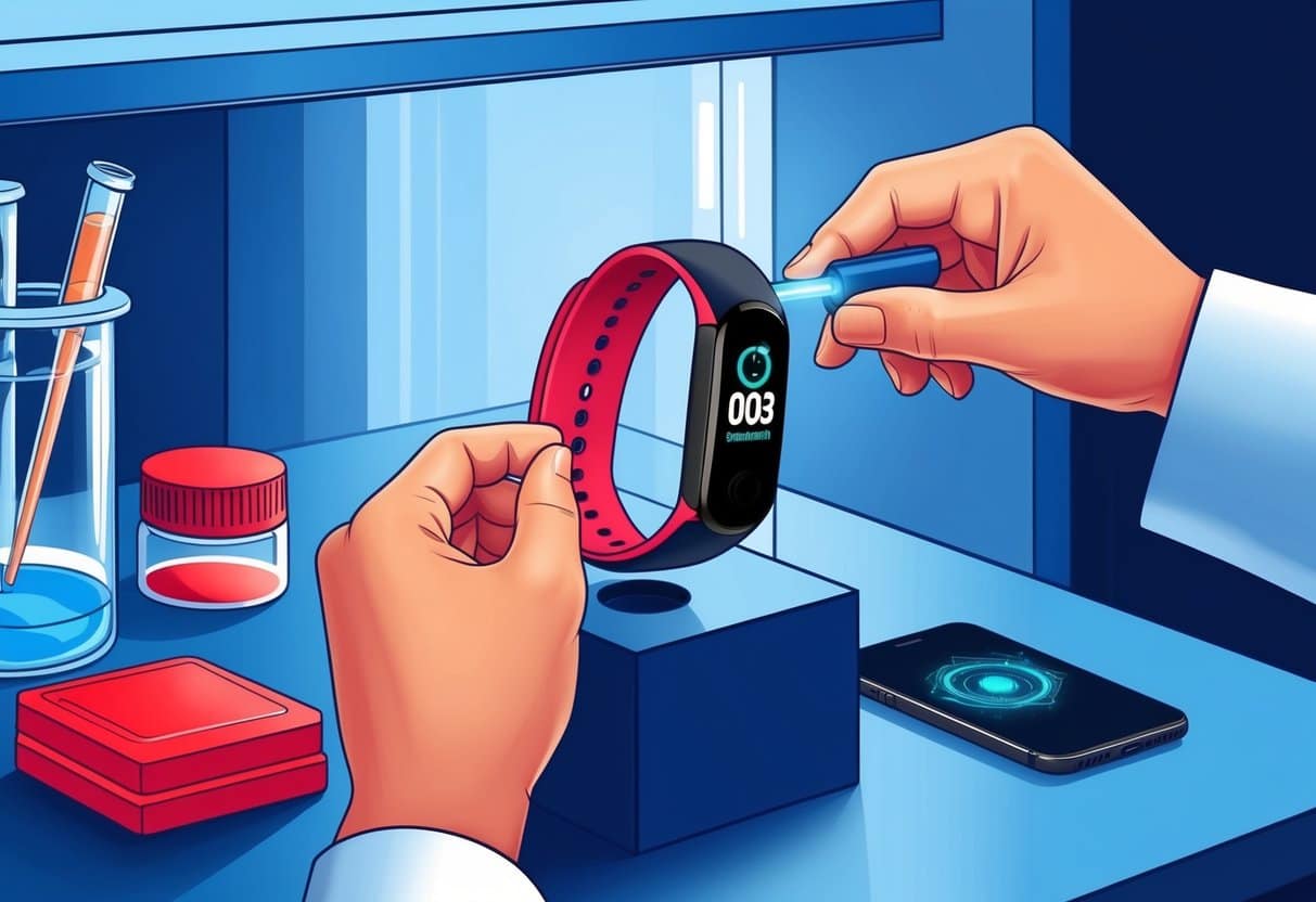 A smartwatch band being tested for PFAS contamination in a laboratory setting