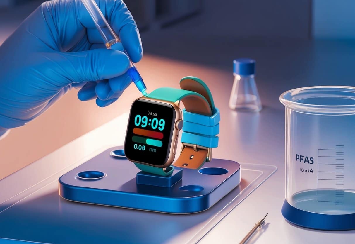 A smartwatch with interchangeable bands being tested for PFAS contamination in a laboratory setting
