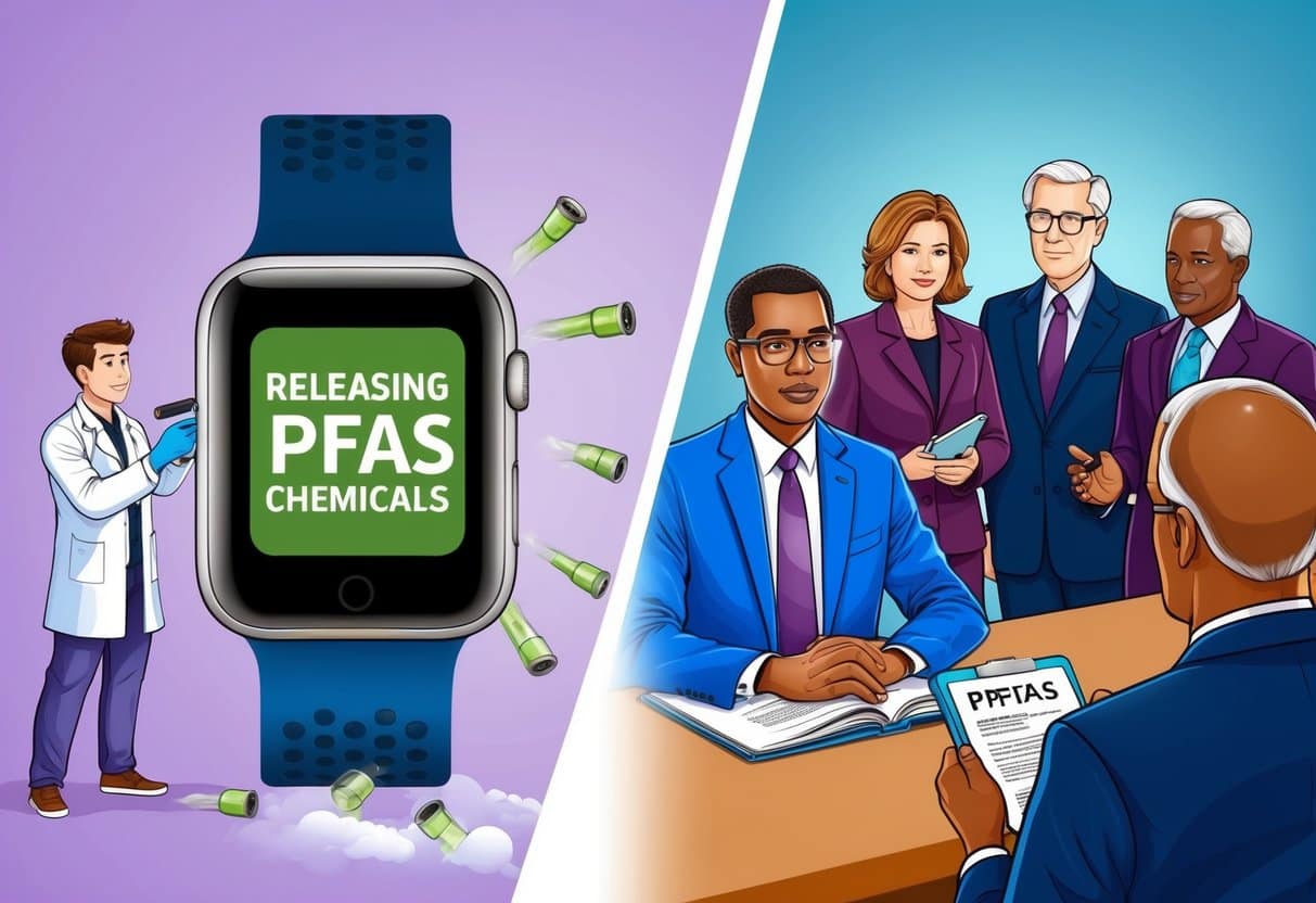 A smartwatch band releasing PFAS chemicals, with a scientist conducting a study and a group of policymakers discussing public health implications