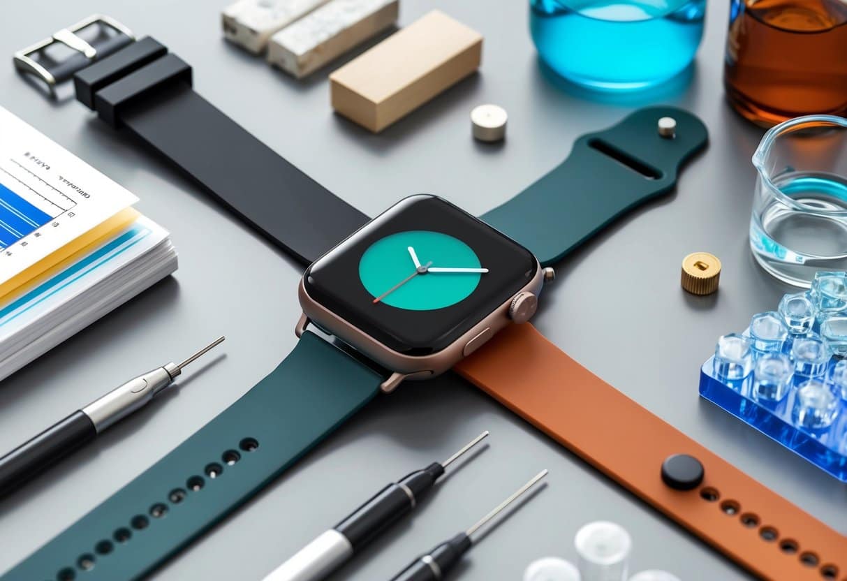 A smartwatch with interchangeable bands surrounded by scientific research materials on PFAS