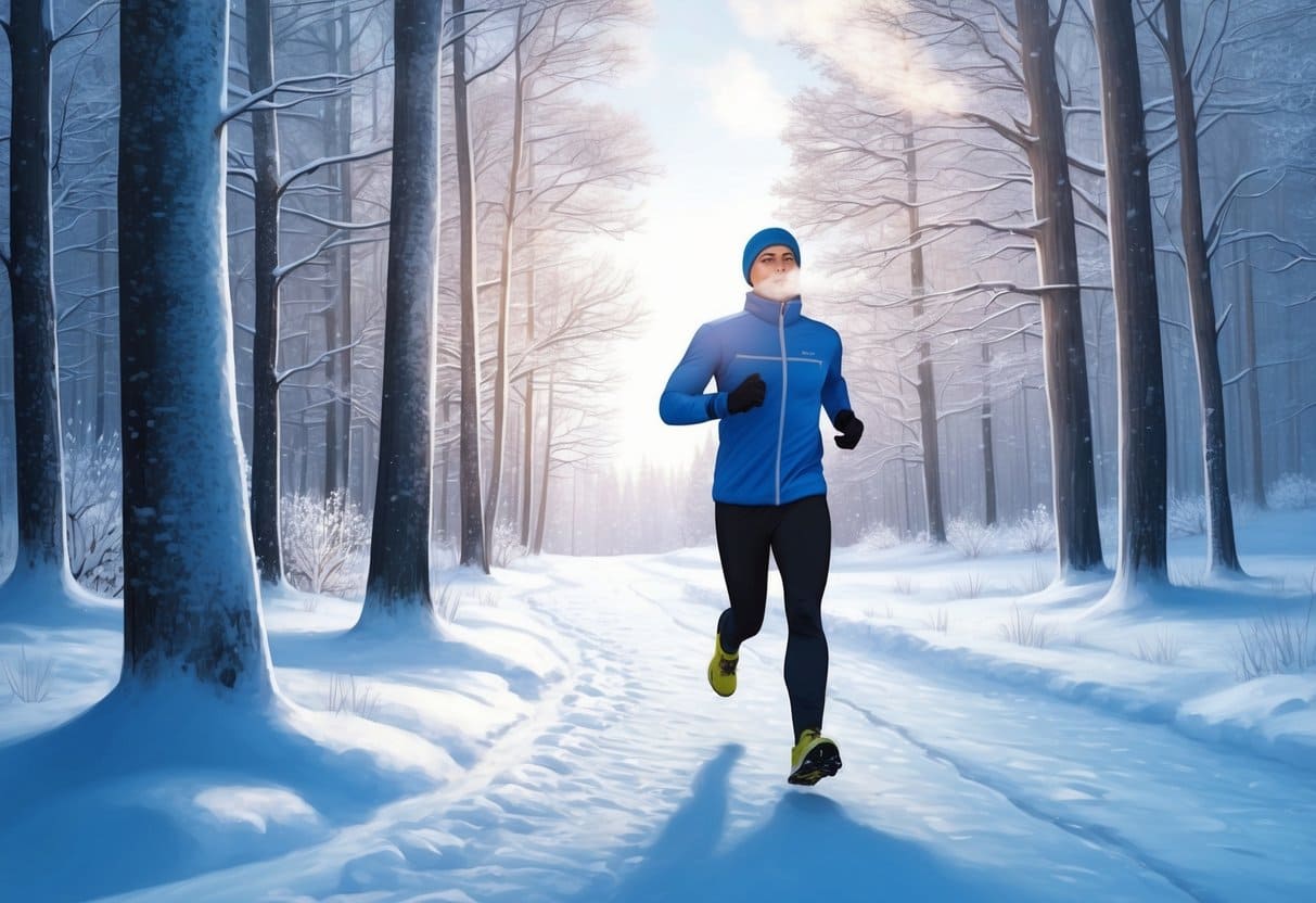 A lone runner in winter, surrounded by snow-covered trees, with breath visible in the cold air
