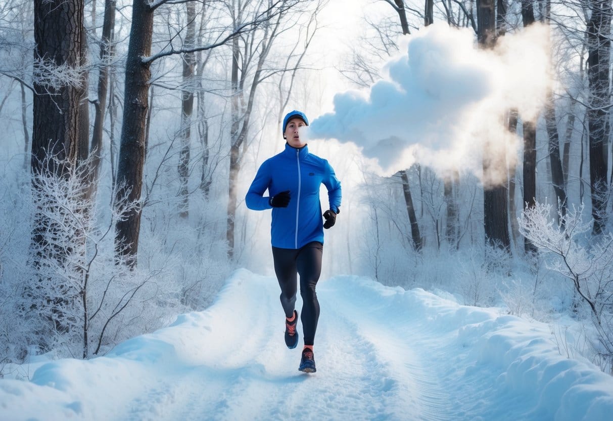 A runner on a snowy trail, surrounded by frost-covered trees, breathing out clouds of steam in the cold air