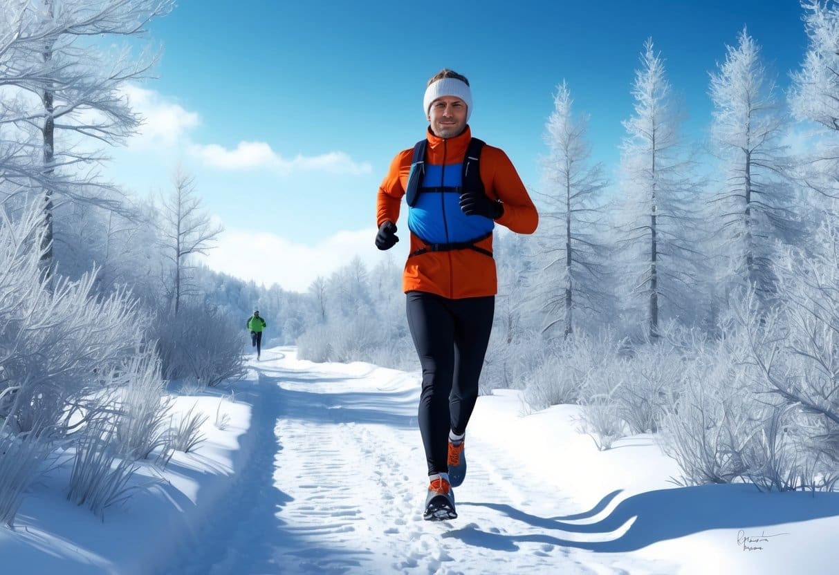 A runner in winter gear on a snowy trail, surrounded by frosty trees and a clear blue sky