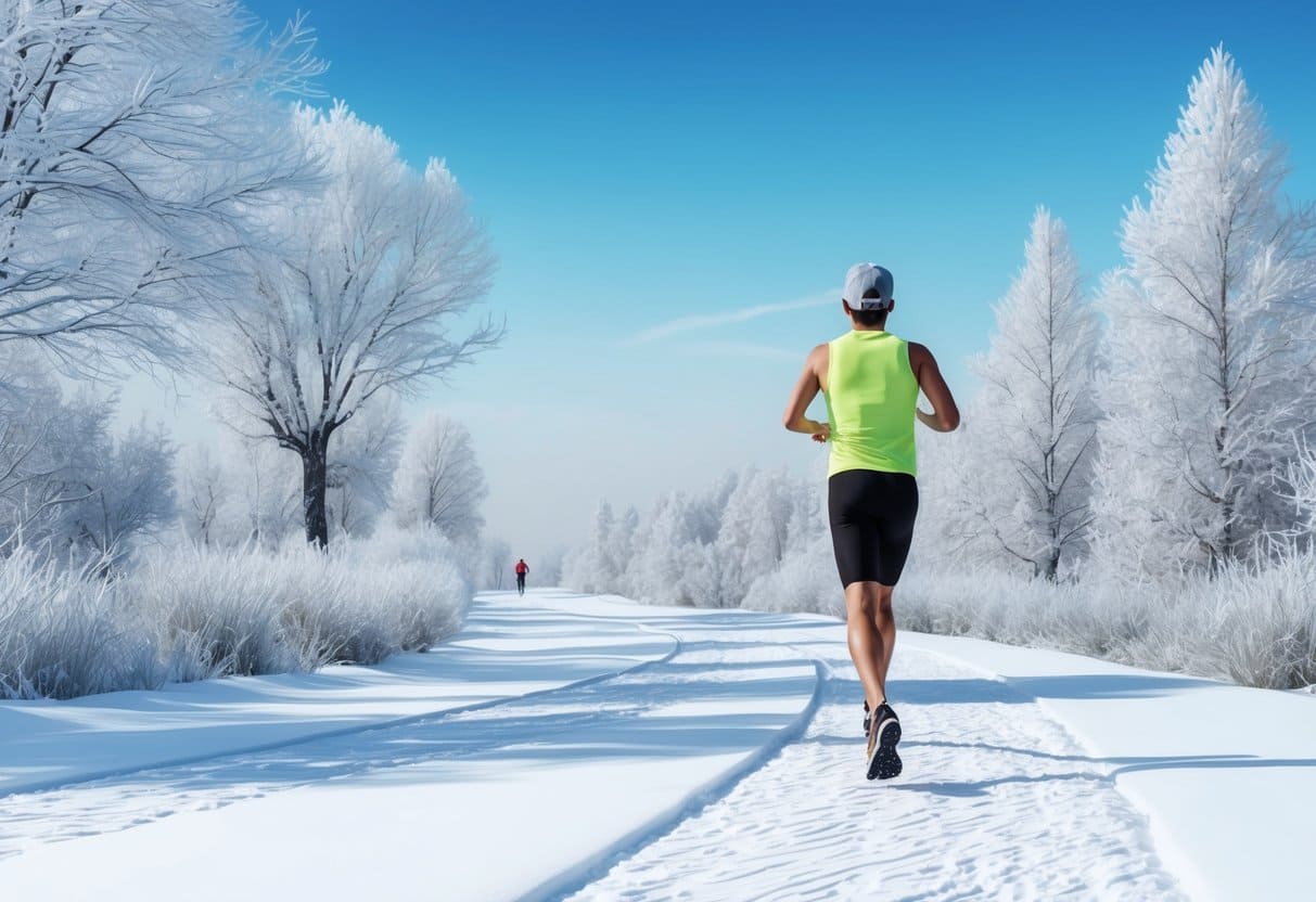 A lone runner on a snowy path, surrounded by frosty trees and a clear blue sky