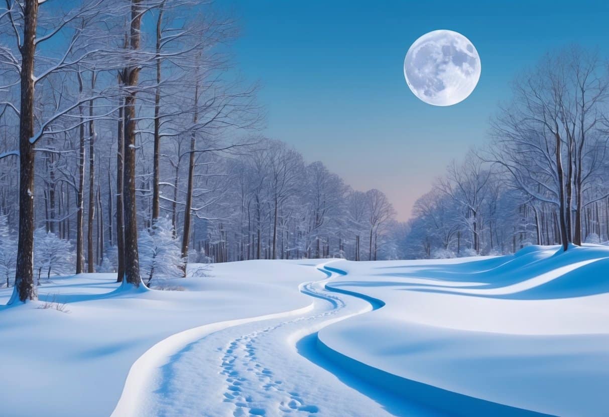 A serene winter landscape with a winding trail through snow-covered trees, with a clear sky and a full moon casting a soft glow
