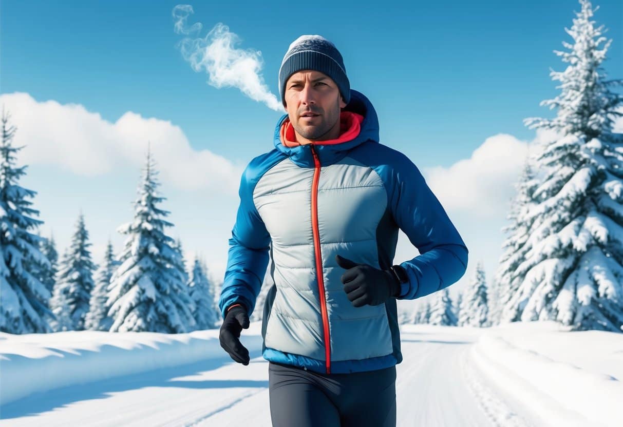 A runner in cold weather, wearing layers and a hat, breath visible, surrounded by snowy trees and a clear blue sky