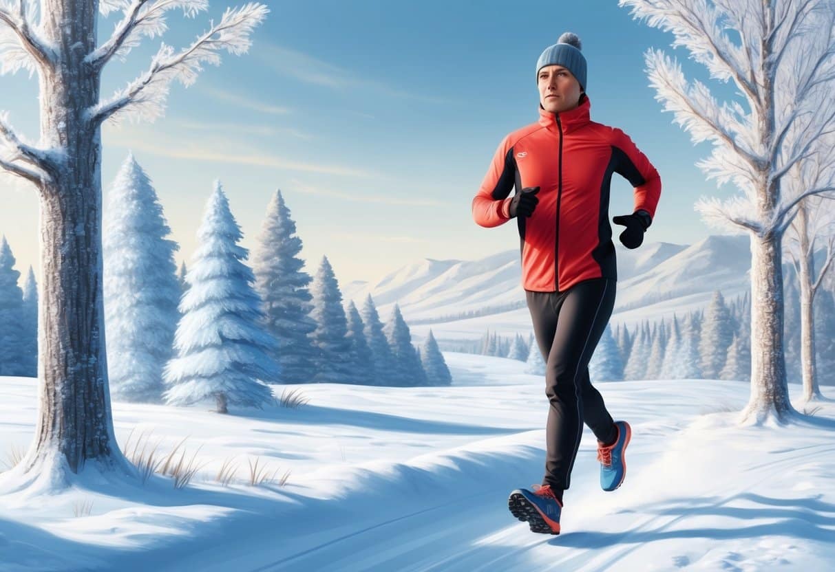 A snowy landscape with a runner in winter gear, surrounded by frosty trees and a clear, cold sky