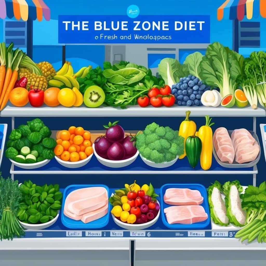 a fruit and vegetables on shelves