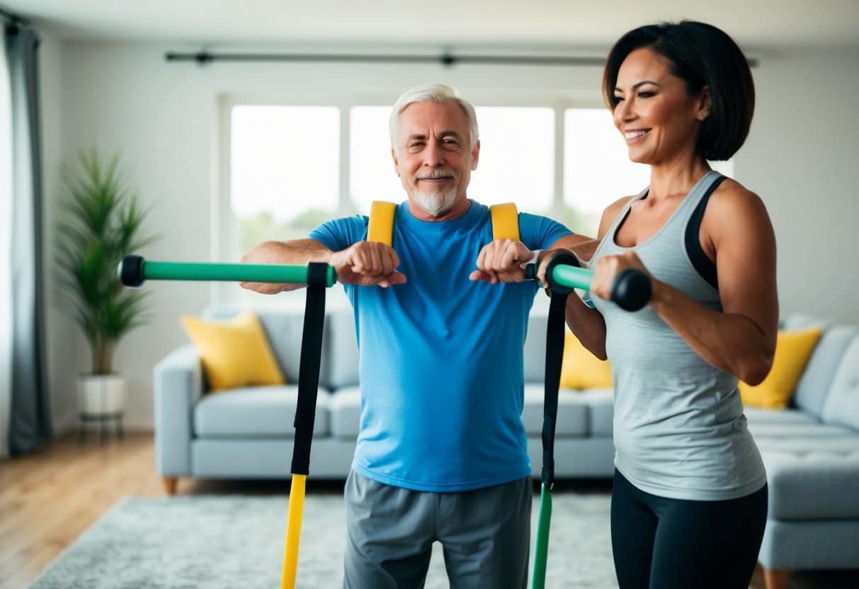 A senior exercising with a personal trainer in their living room, using resistance bands and weights
