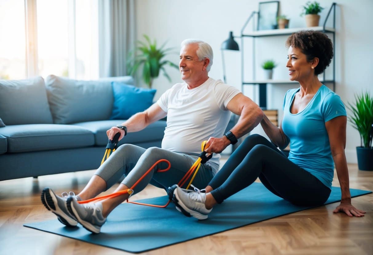 A senior works out with a personal trainer in their living room, using resistance bands and a yoga mat. The trainer provides encouragement and guidance