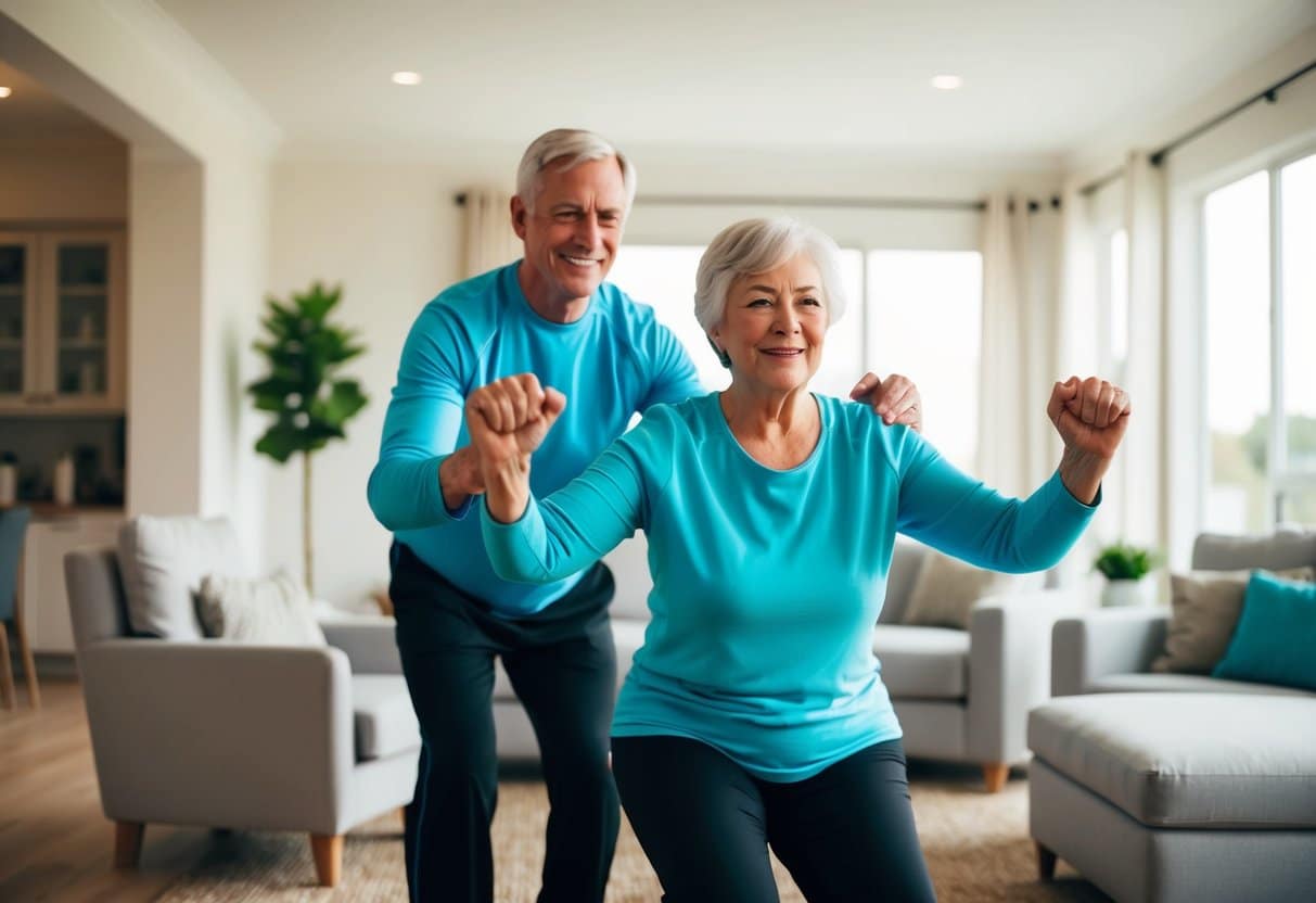 An elderly person exercising with a personal trainer in their home, surrounded by comfortable furniture and natural light
