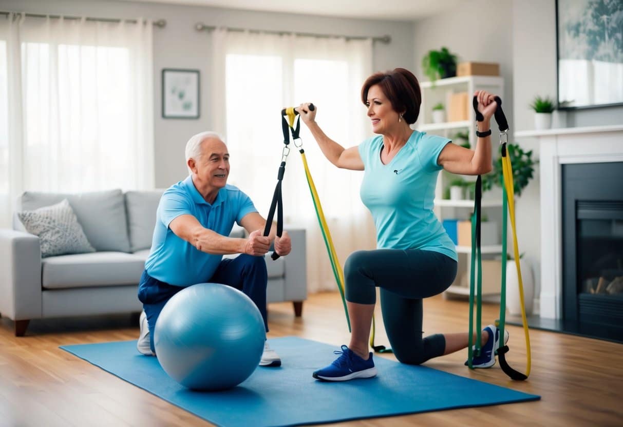 A senior exercises with a personal trainer in their living room, using resistance bands and a stability ball. The trainer offers encouragement and guidance