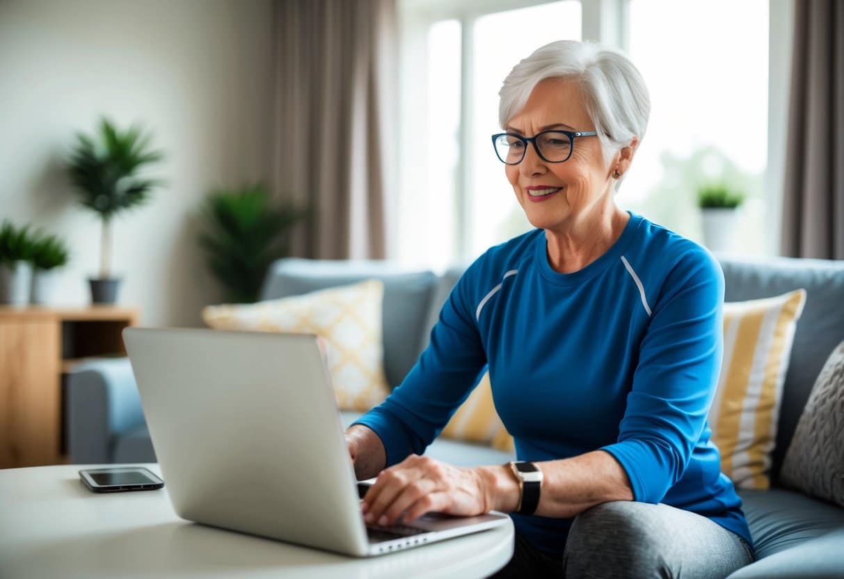 A senior sitting in a cozy living room, following an in-home personal trainer's guidance through an online training session using a laptop or tablet