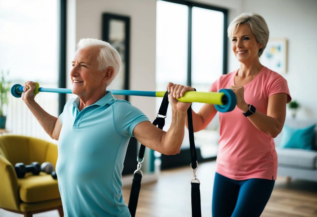 A senior exercising with a personal trainer in their home, using resistance bands and weights, with a focus on strength and balance training