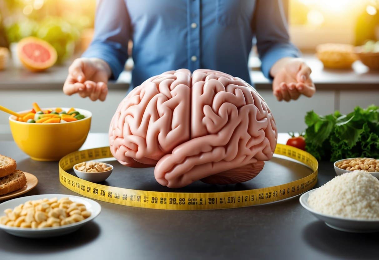 A large brain surrounded by unhealthy food and a tape measure indicating an increased waist size