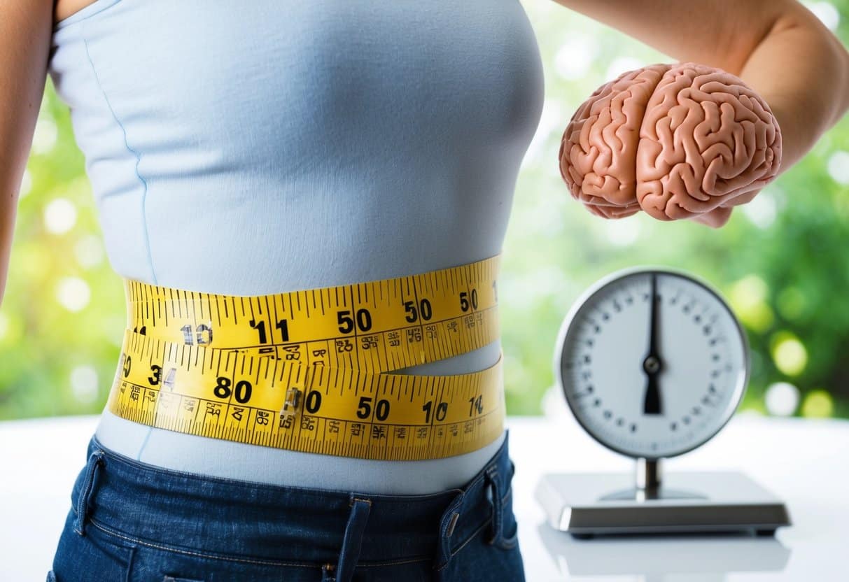 A tape measure wrapped around a waist, with a brain and a scale in the background, symbolizing the link between waist size, obesity, and dementia risk