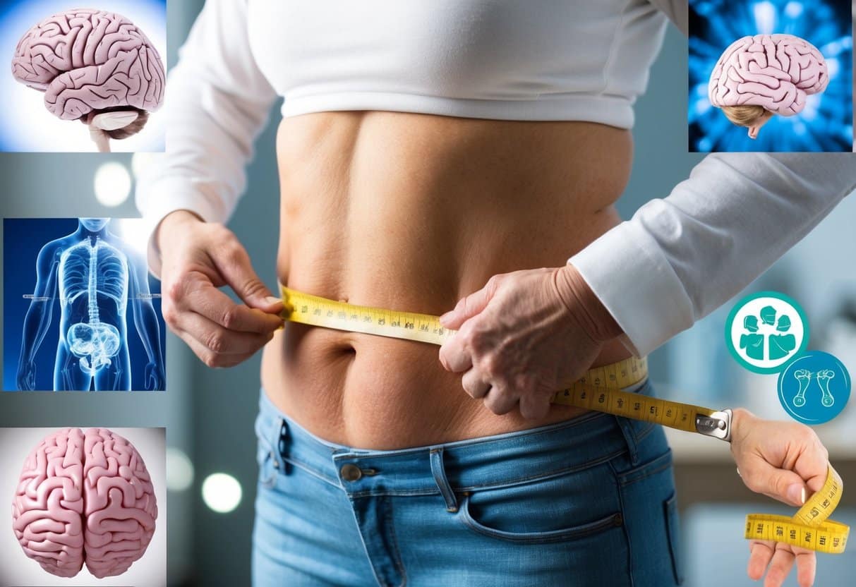 A middle-aged person measuring their waist with a tape measure, surrounded by images of brain scans, obesity-related items, and dementia-related symbols