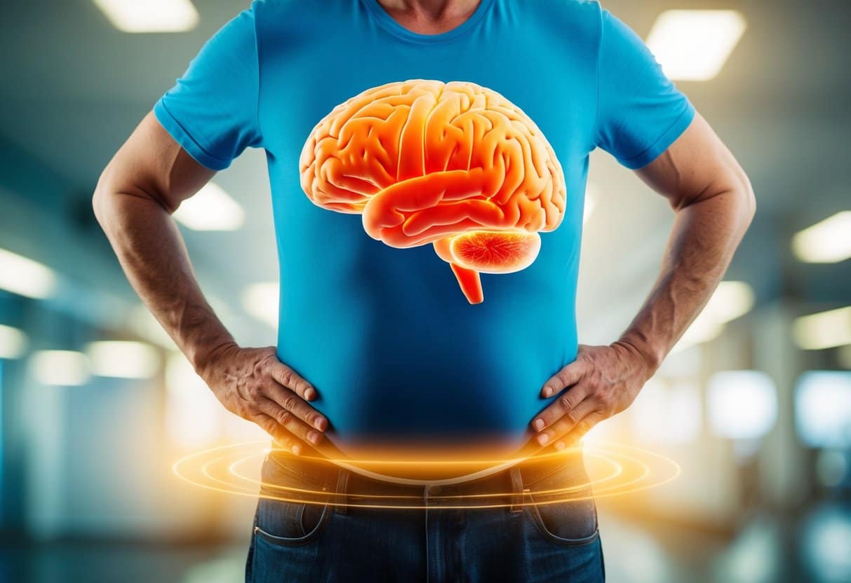 A large, inflamed brain hovers above a midlife waist, surrounded by signs of obesity and dementia risk