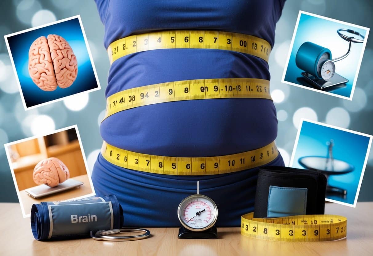 A tape measure wraps around a bulging midsection, while a blood pressure cuff sits nearby, surrounded by images of a brain and a scale