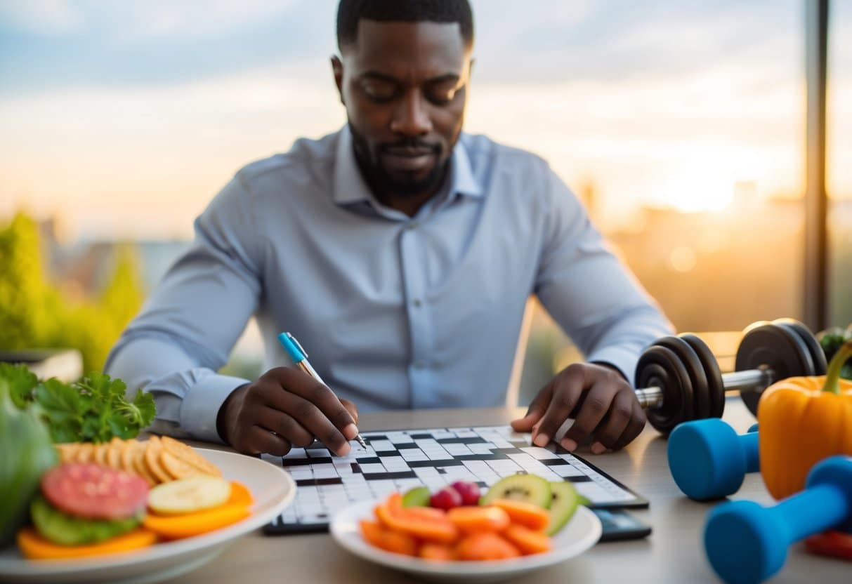 A person solving a crossword puzzle surrounded by healthy food and exercise equipment