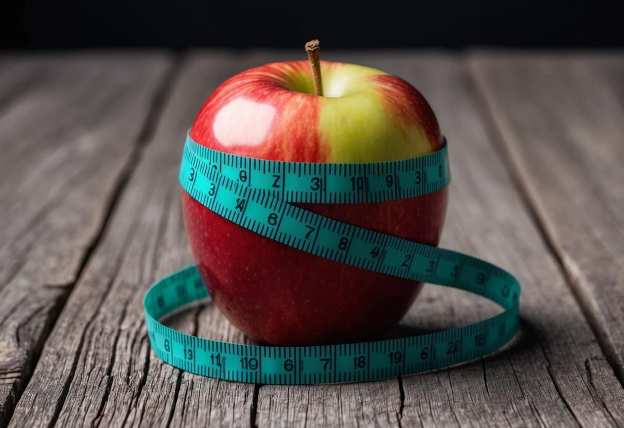 A tape measure wraps around a large apple, emphasizing the link between diet, weight, and brain health in midlife
