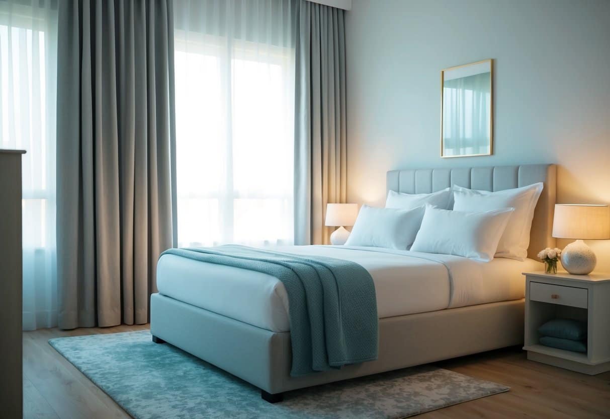A serene bedroom with a peaceful atmosphere, featuring a comfortable bed, soft lighting, and calming decor to promote rest and reduce stress