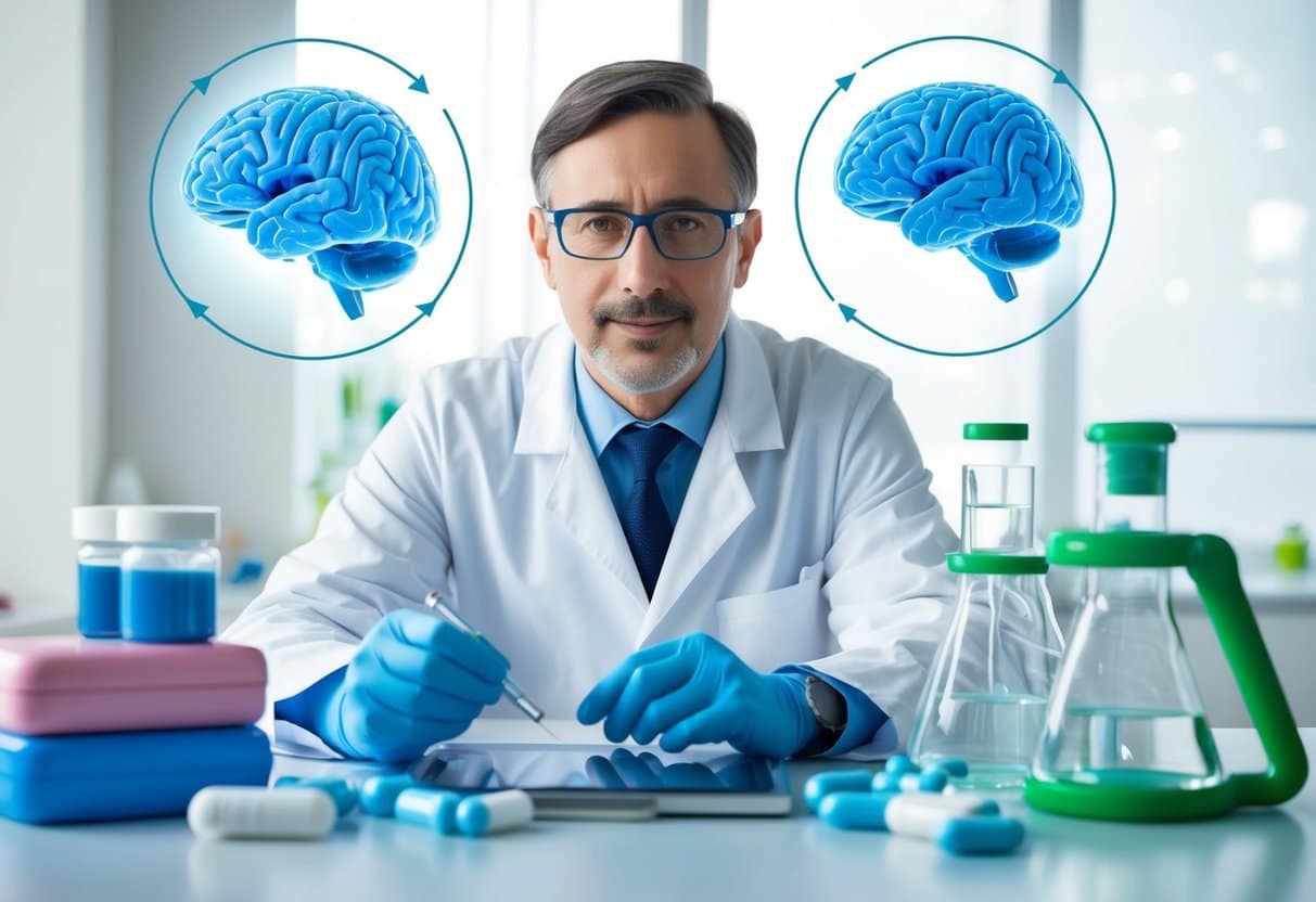 A scientist in a lab, surrounded by brain scans and weight loss drugs, studies the link between obesity and dementia