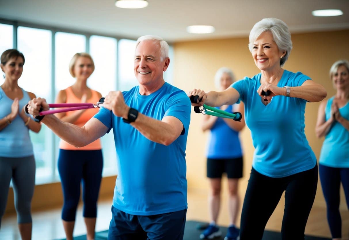 A senior exercising with a personal trainer in a gym, using resistance bands and balance equipment, surrounded by supportive onlookers
