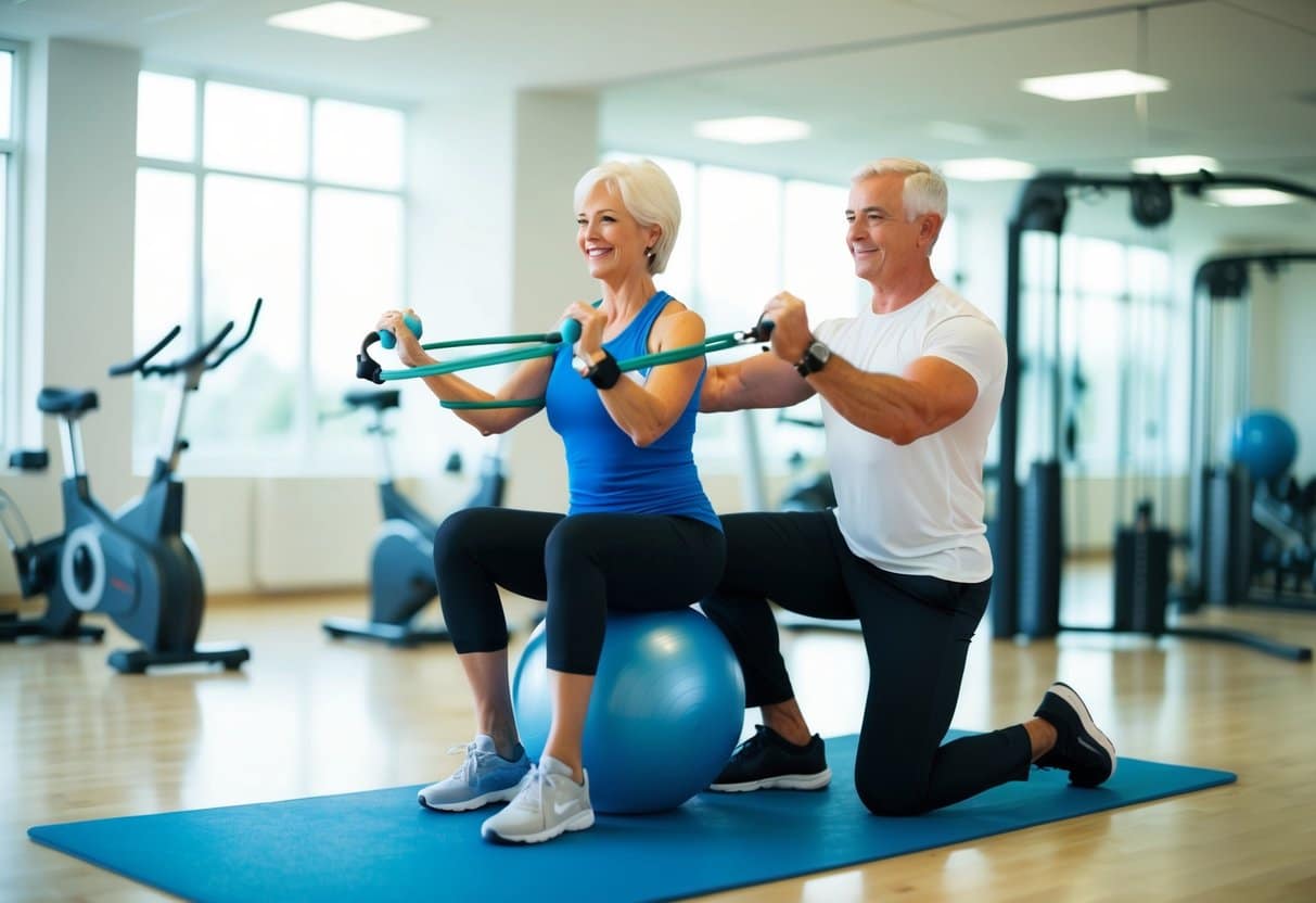 A senior exercising with a personal trainer, using resistance bands and a stability ball, surrounded by fitness equipment in a bright, spacious gym