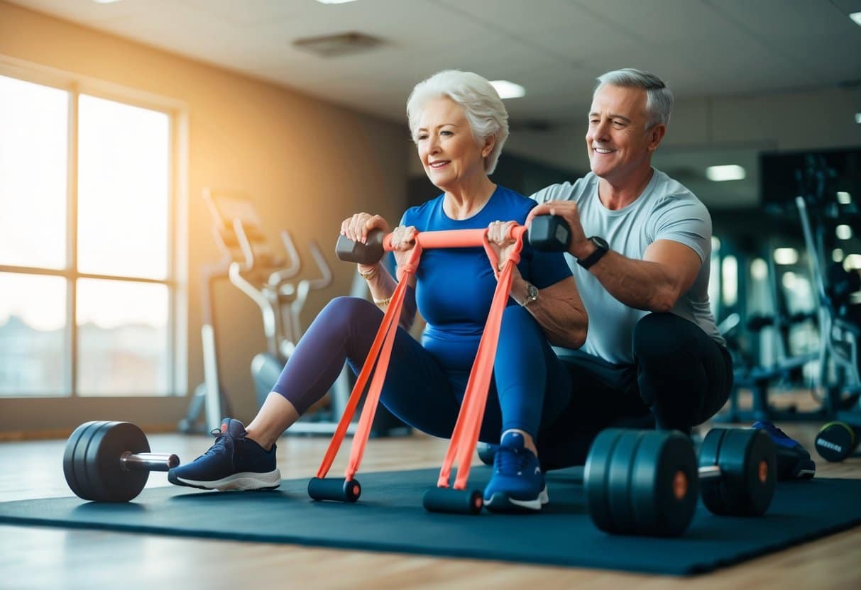 An elderly person exercising with a personal trainer, using resistance bands and weights, surrounded by equipment for strength and balance training