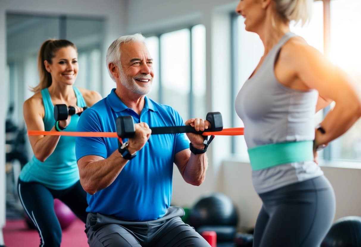 A senior exercising with a personal trainer, using resistance bands and weights, surrounded by a supportive and motivating environment