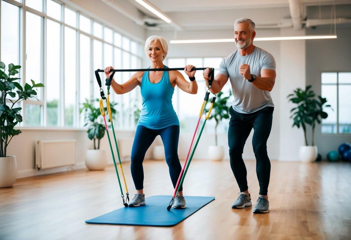 A senior exercising with a personal trainer, using resistance bands and balance exercises in a bright, spacious gym with large windows and plants