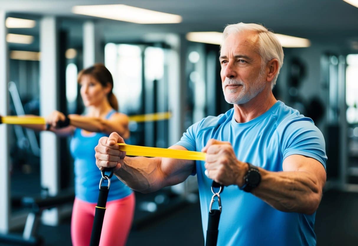 A senior using resistance bands under the guidance of a personal trainer. The trainer is demonstrating proper technique to prevent injuries