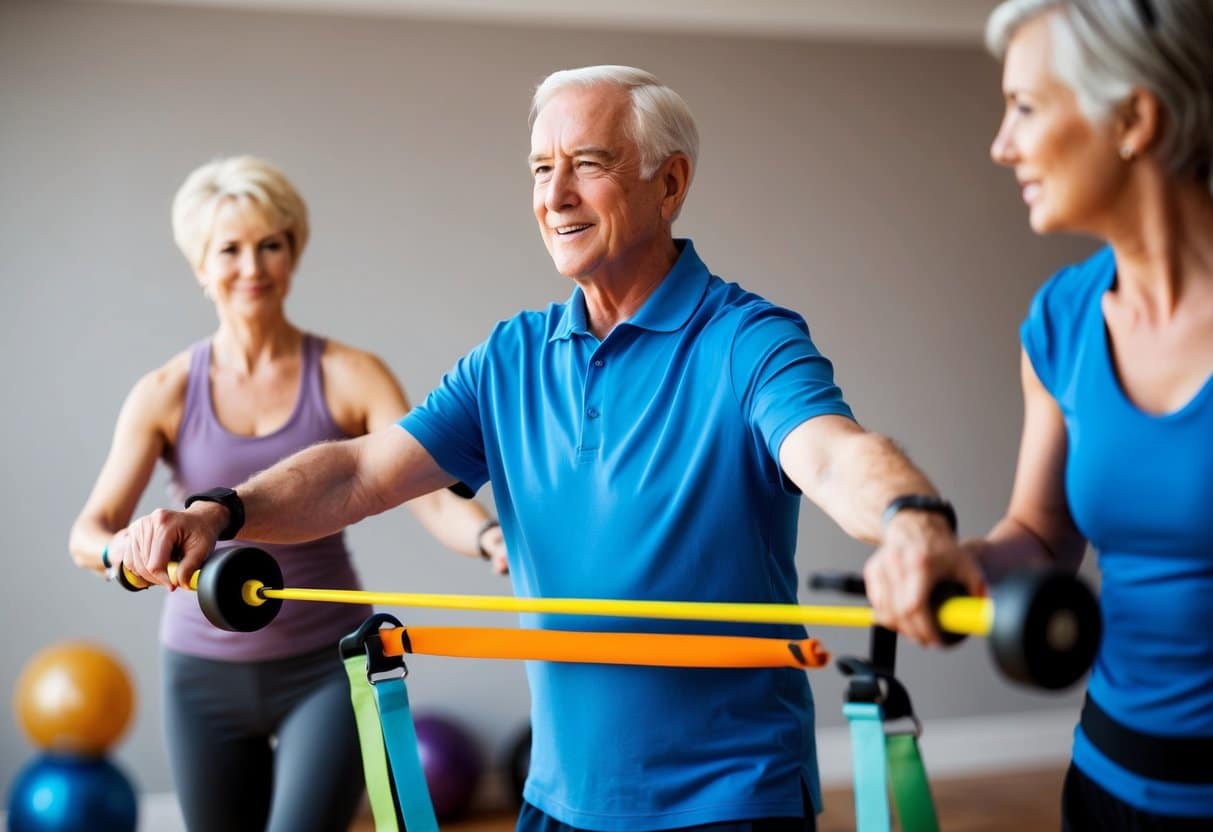 A senior is exercising with a personal trainer, using resistance bands and balance equipment. The trainer is monitoring progress and adjusting the program accordingly