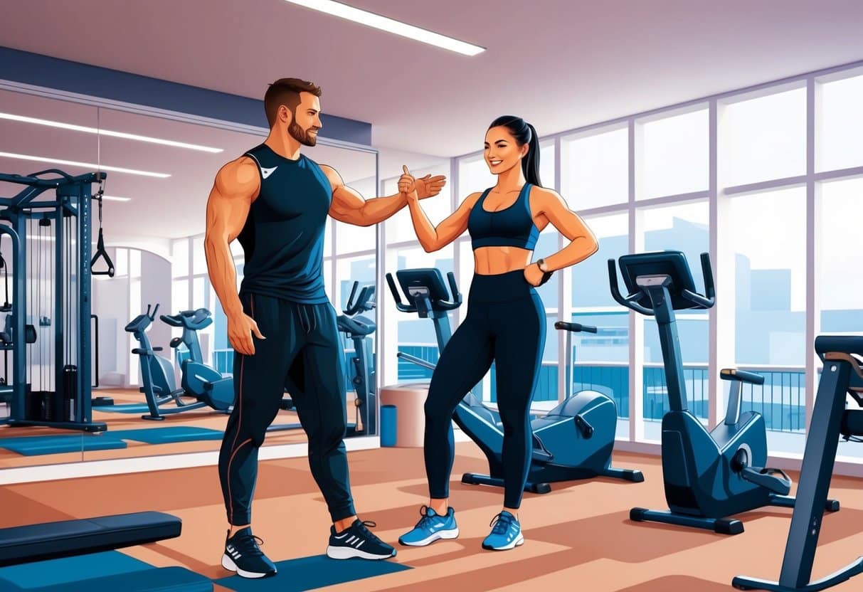 A personal trainer guiding a client through a workout routine in a well-equipped gym