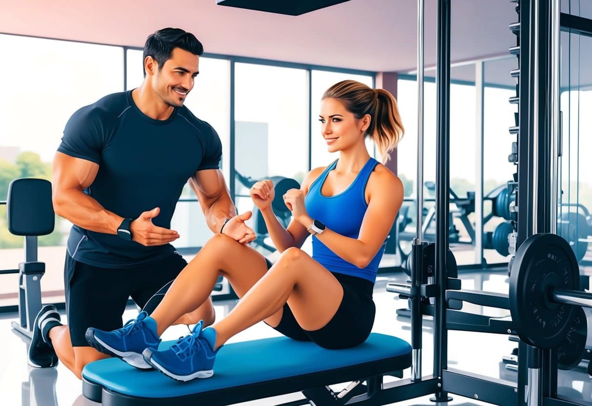 A personal trainer guiding a client through a workout session in a well-equipped gym. The trainer is demonstrating various exercises and providing feedback