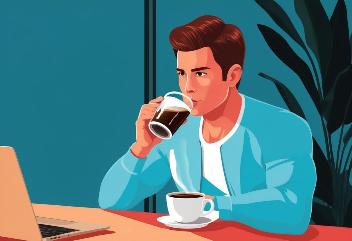 A person sipping coffee, then exercising with increased energy and focus