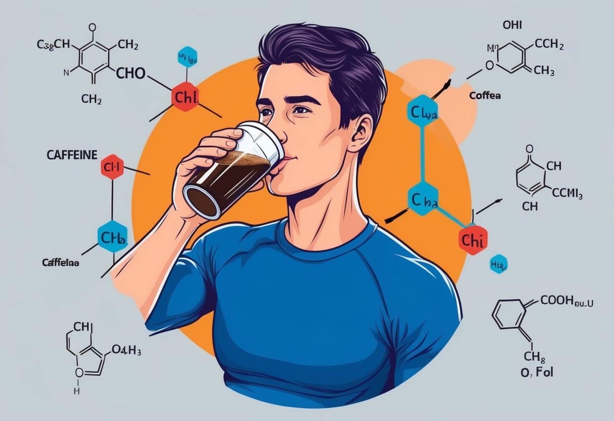 A person drinking coffee before a workout, surrounded by chemical structures of caffeine and other compounds found in coffee