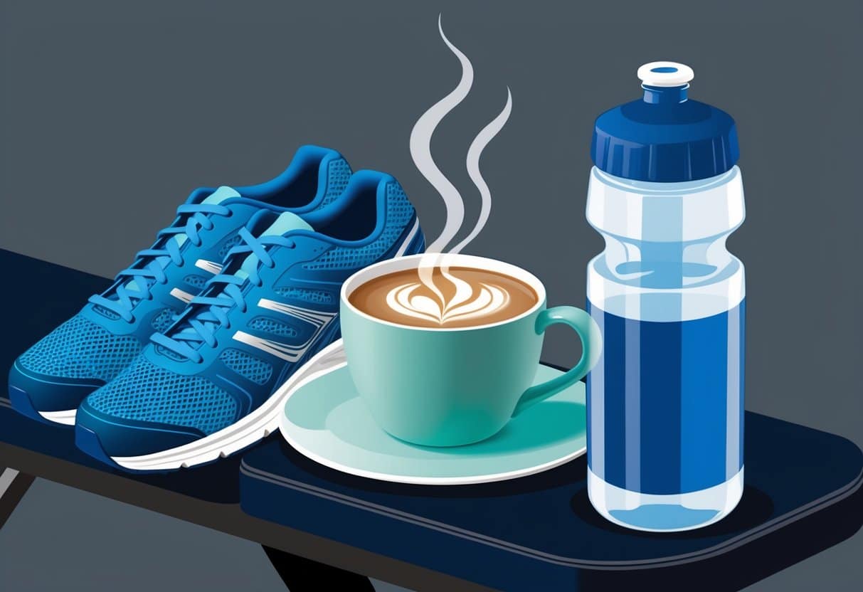 A steaming cup of coffee sits next to a pair of running shoes and a water bottle on a gym bench, ready for a workout