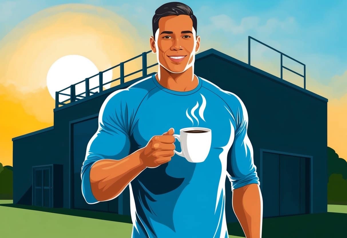 A person holding a cup of coffee, standing in front of a gym with the sun rising in the background