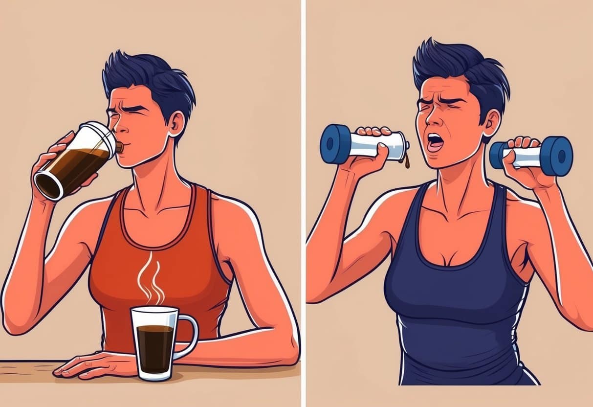 A person drinking coffee before a workout, then struggling to perform during exercise