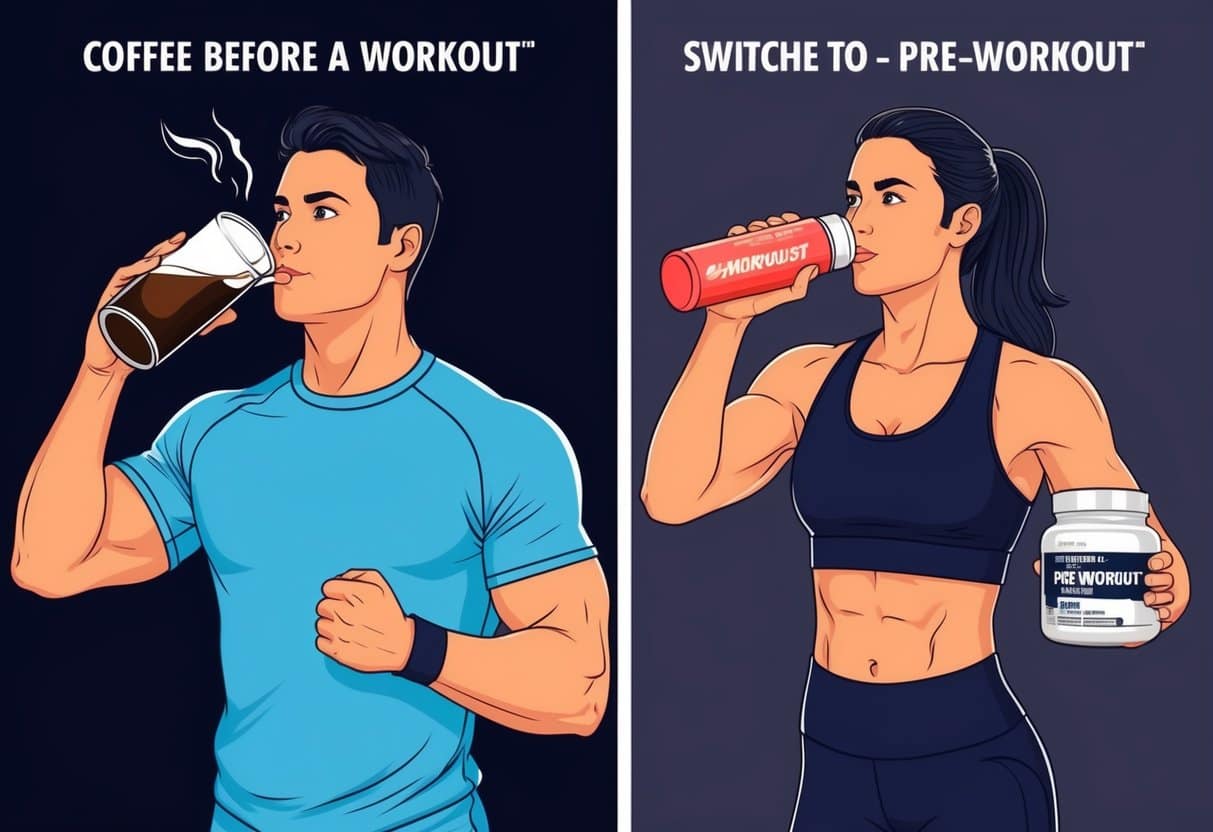A person drinking coffee before a workout, then switching to a pre-workout supplement, showing improved performance