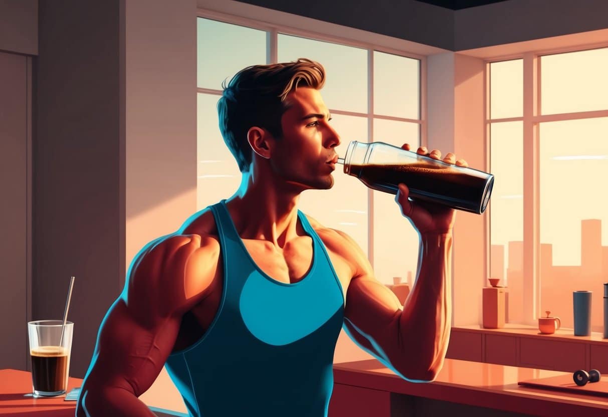 A person drinking coffee before a workout, then exercising with improved performance