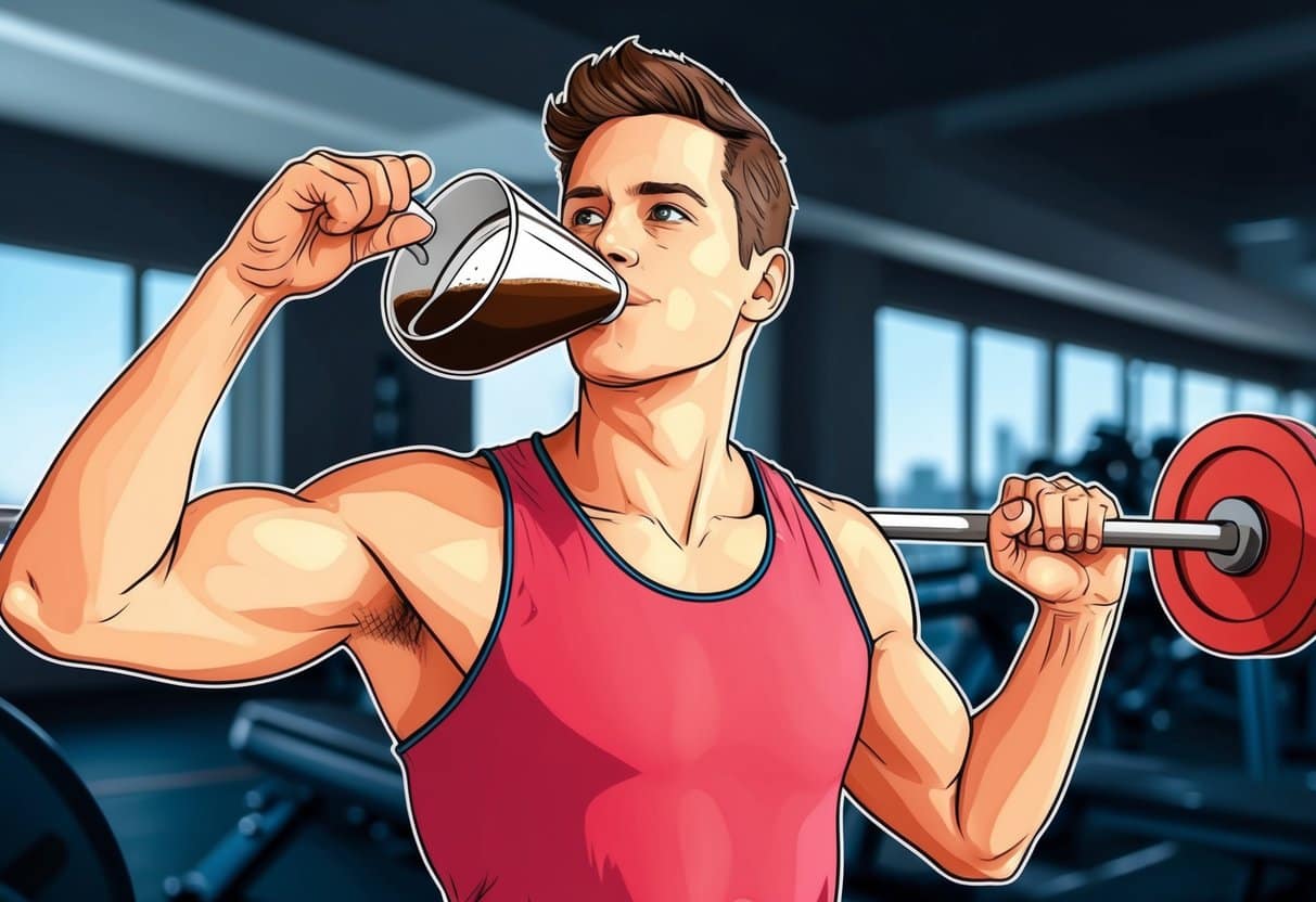 A person drinking coffee before a workout, then engaging in exercise with improved performance