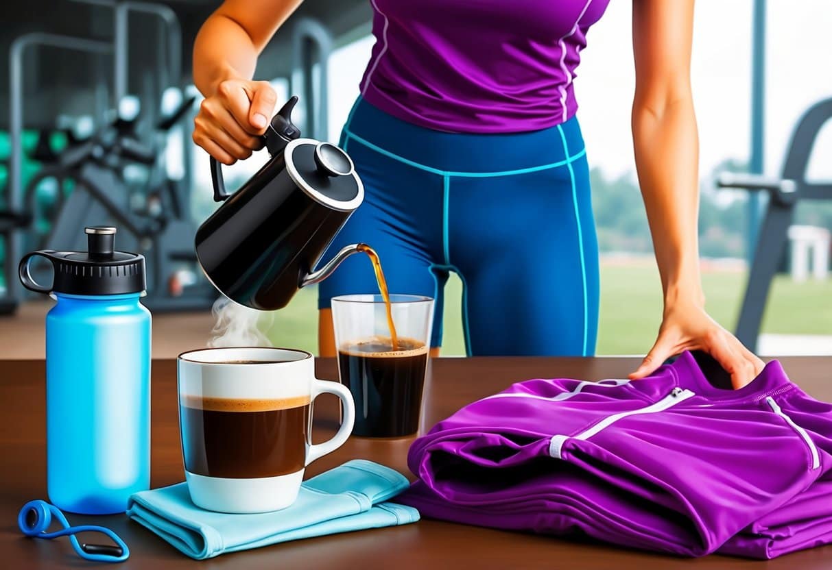 A person brewing a cup of coffee next to a set of workout clothes and a water bottle, with a gym or outdoor workout setting in the background