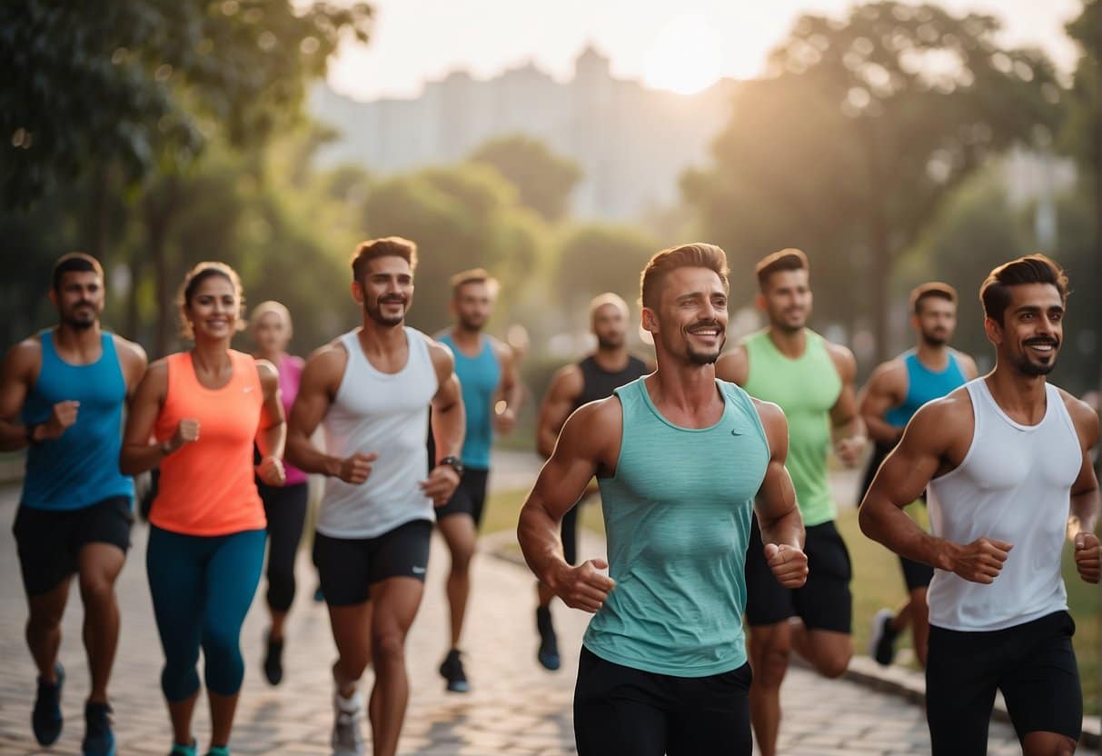 A group of people engage in a high-energy workout session during Ramadan in 2024, focusing on the synergy between nutrition and fitness. The atmosphere is vibrant and energetic, with a sense of dedication and determination in the air